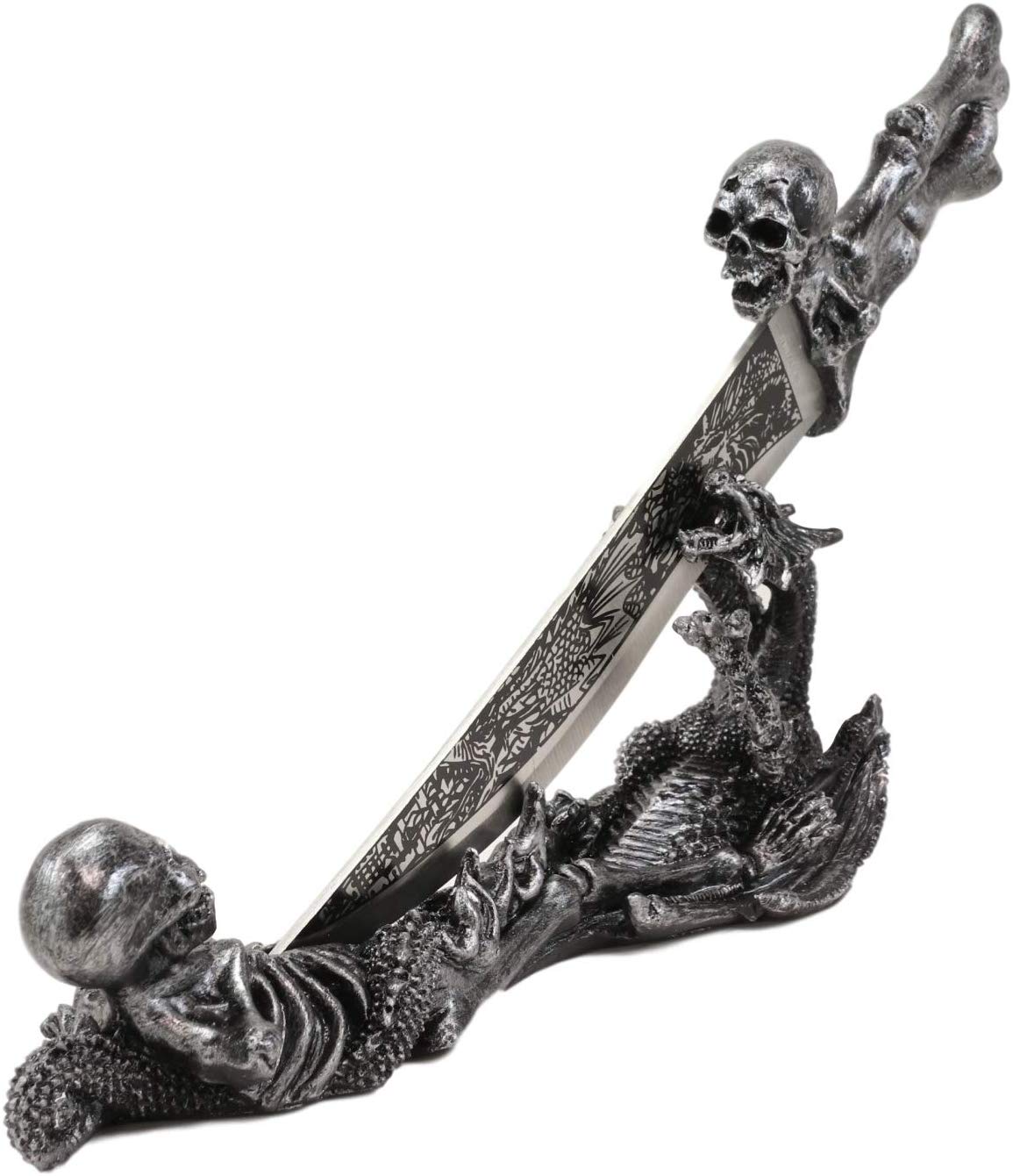 Ebros Gift Obsidian Athame Dragon Blade Letter Opener with Skeleton Base Stand