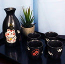 Ebros Gift Japanese Maneki Neko Lucky Charm Cat Glazed Ceramic Black Sake Set Flask With Four Cups Great Asian Living Home Decor and Gift For Housewarming Special Friendship Eastern Decorative Party Set