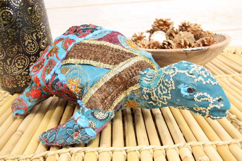 Marine Sea Turtle Hand Crafted Paper Mache In Colorful Sari Fabric Figurine