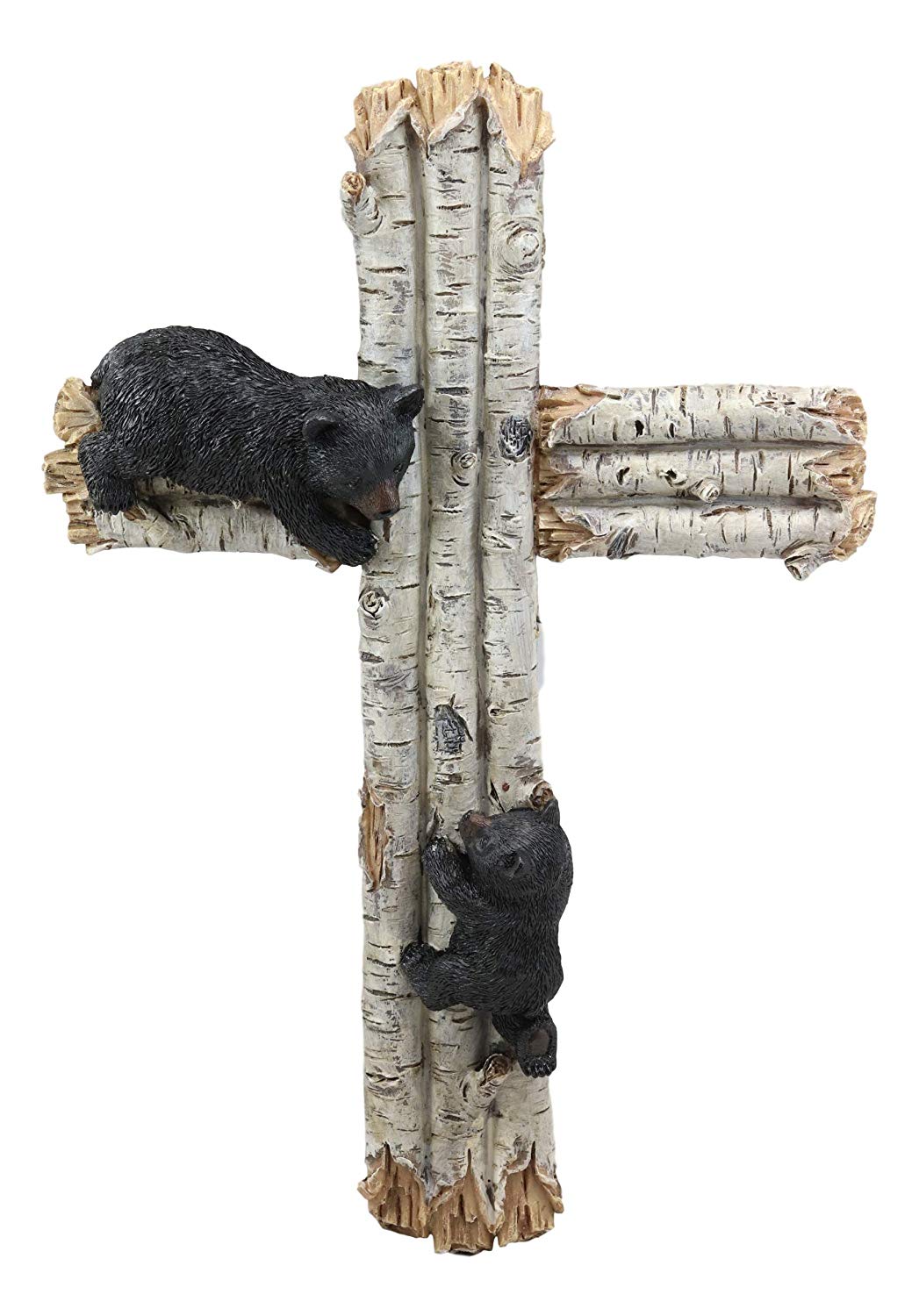 Ebros Gift 17" Tall Large Rustic Western 2 Playful Climbing Black Bears On Birch Tree Wall Cross Decor Hanging Sculpture Catholic Christian Country Bear Cubs Cabin Lodge Accent Decorative Crosses - Ebros Gift
