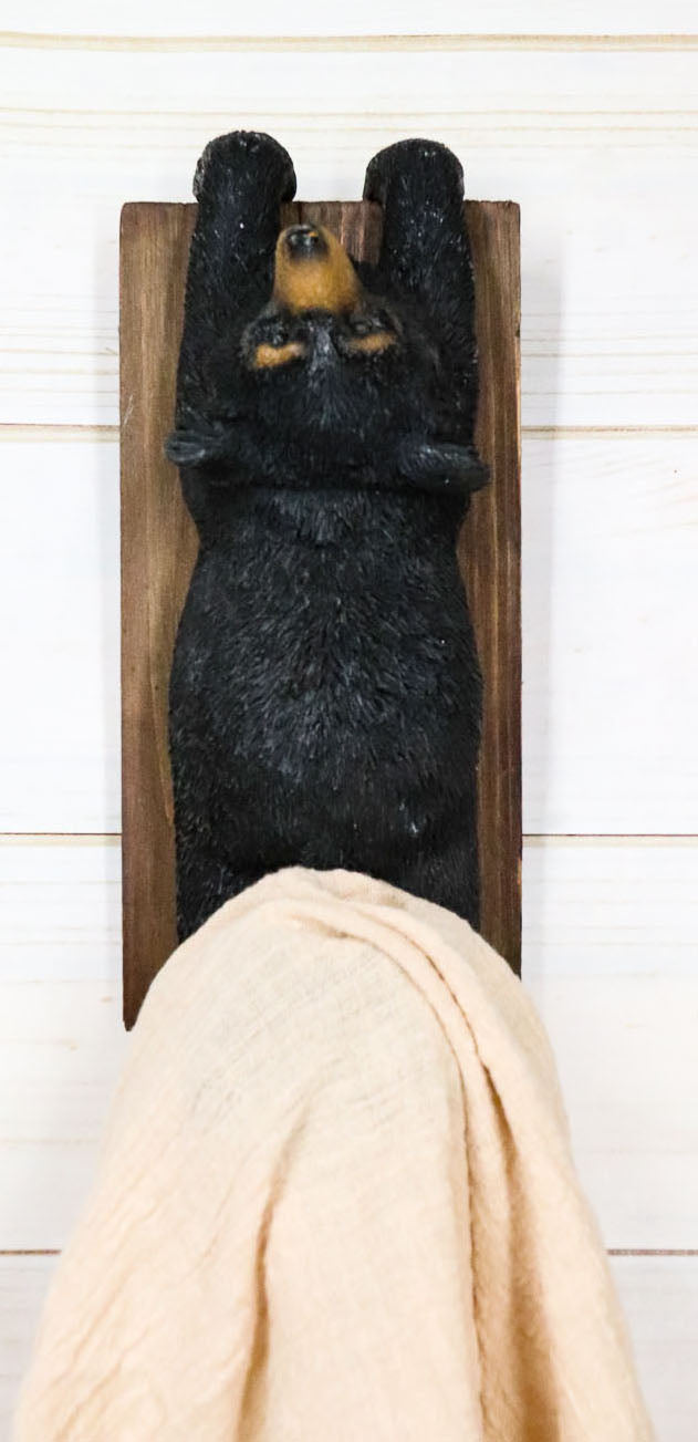Whimsical Rustic Western Black Bear Clinging On Faux Wood Plank Wall Coat Hook - Ebros Gift