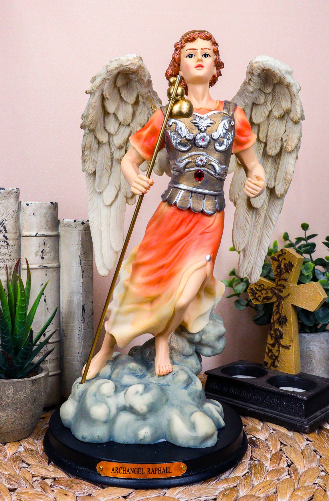 Ebros Byzantine Archangel Saint Raphael with Brass Name Plate Wooden Base 12"H