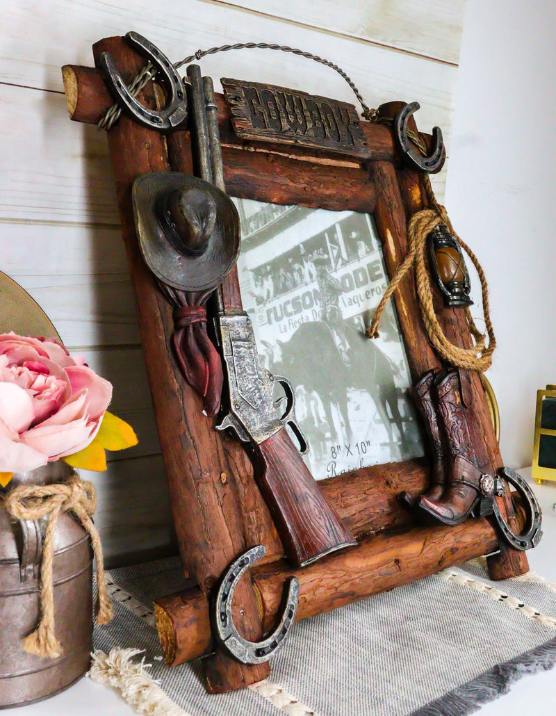 Rustic Western Cowboy Hat Rifle Boot Spur Horseshoes Lasso Ropes Picture Frame