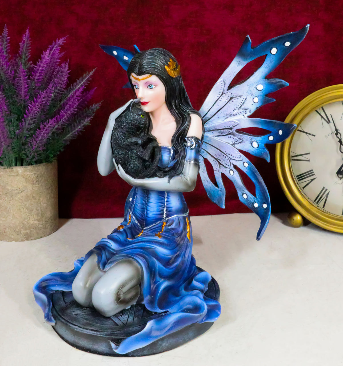 Ebros Blue Celestial Witch Fairy Cradling A Mystical Black Cat Statue 8.25" Tall