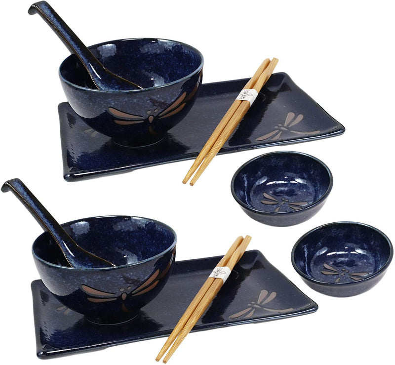 Japanese Pair Of Dragonfly Blue Motif Ceramic Sushi Dinnerware 10pc Set For Two