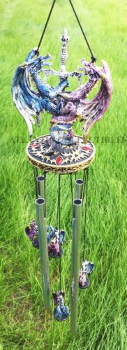 Yin Yang Day and Night Twin Dragons Excalibur Sword Wind Chime Home Patio Decor - Ebros Gift