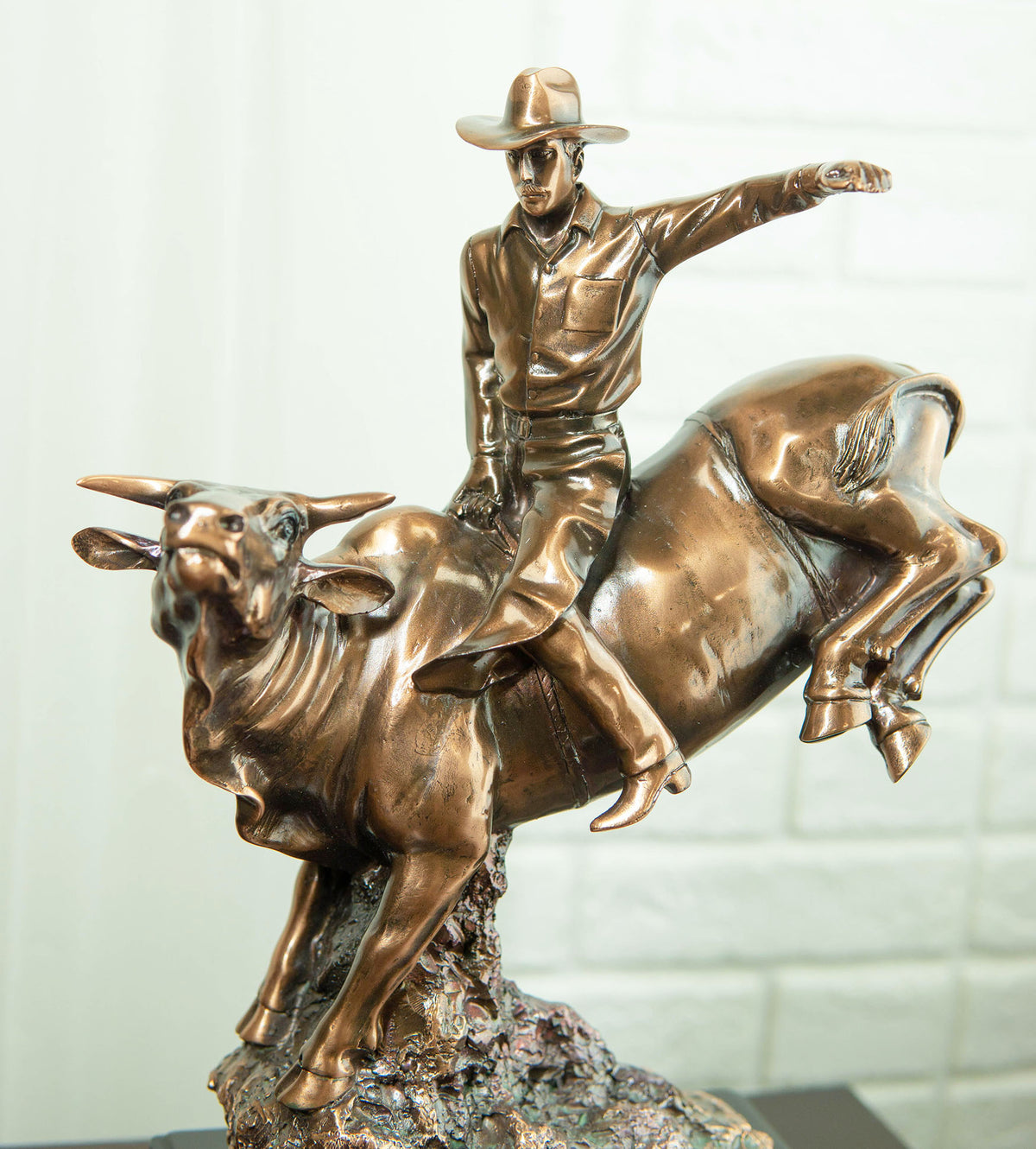 Wild Western Rodeo Cowboy With Bucking Bull Bronze Electroplated Statue - Ebros Gift