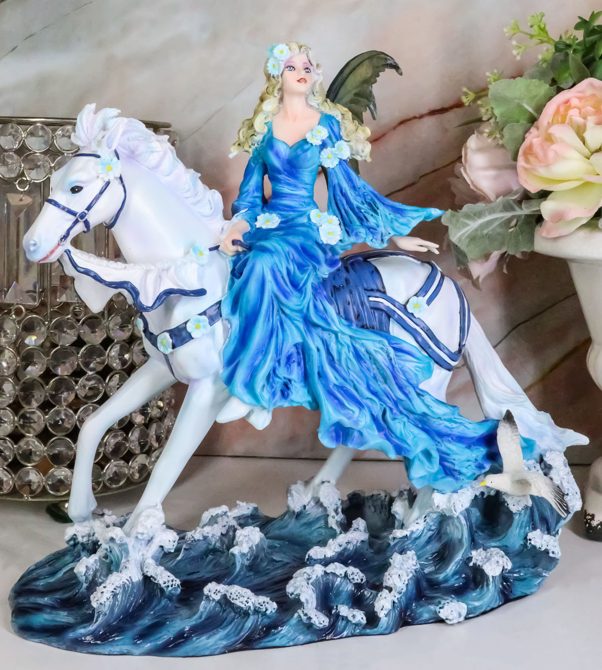 Ebros Ocean Rider Large Water Elemental Euphoria Fairy On White Horse Statue 11.75" Long by Nene Thomas Decorative Mythical Fantasy Figurine FAE Garden Fairies Nymphs Pixies Collectible Sculpture