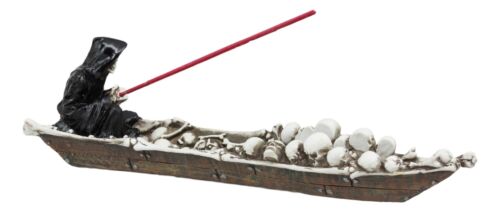 Ebros Charon Grim Reaper Fishing On Boat Of Skulls Incense Burner Statue 11.5"L
