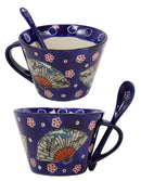 Ebros Blue Oriental Fan Porcelain Coffee Mug With Spoon 2pc Set 12oz PACK OF 2