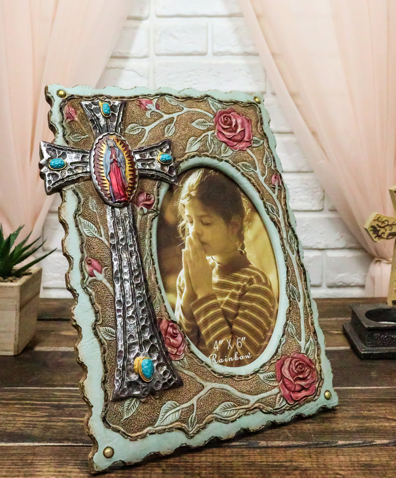 Catholic Lady Of Grace Mary Guadalupe Cross With Pink Roses 4X6 Picture Frame