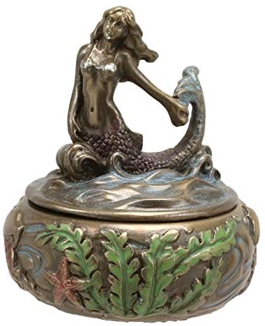 Ebros Bronzed Resin Mermaid Sitting Above Ocean Waves Small Round Trinket Box