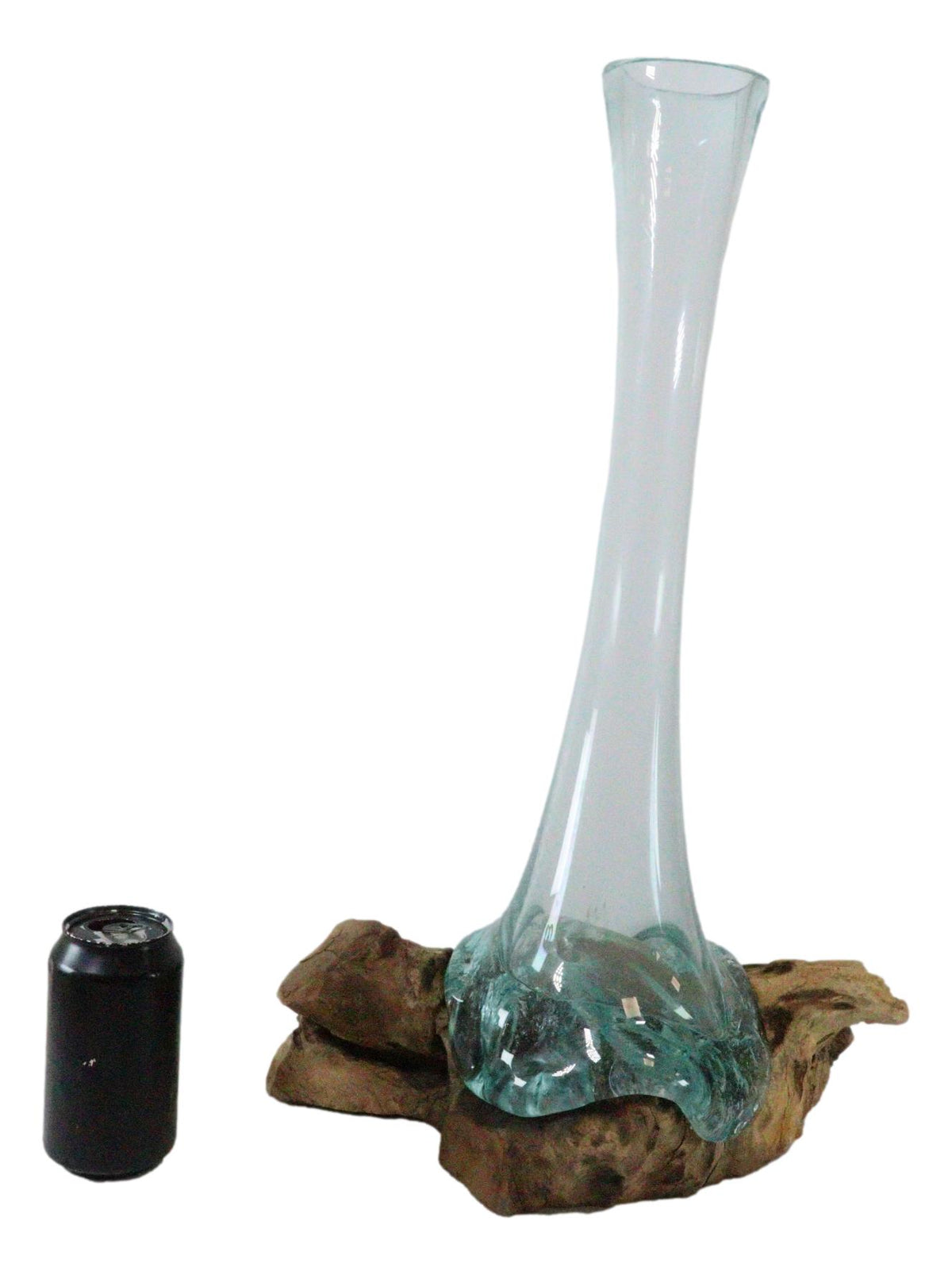 Balinese Gamal Driftwood With Long Necked Hand Blown Molten Glass Floral Vase - Ebros Gift