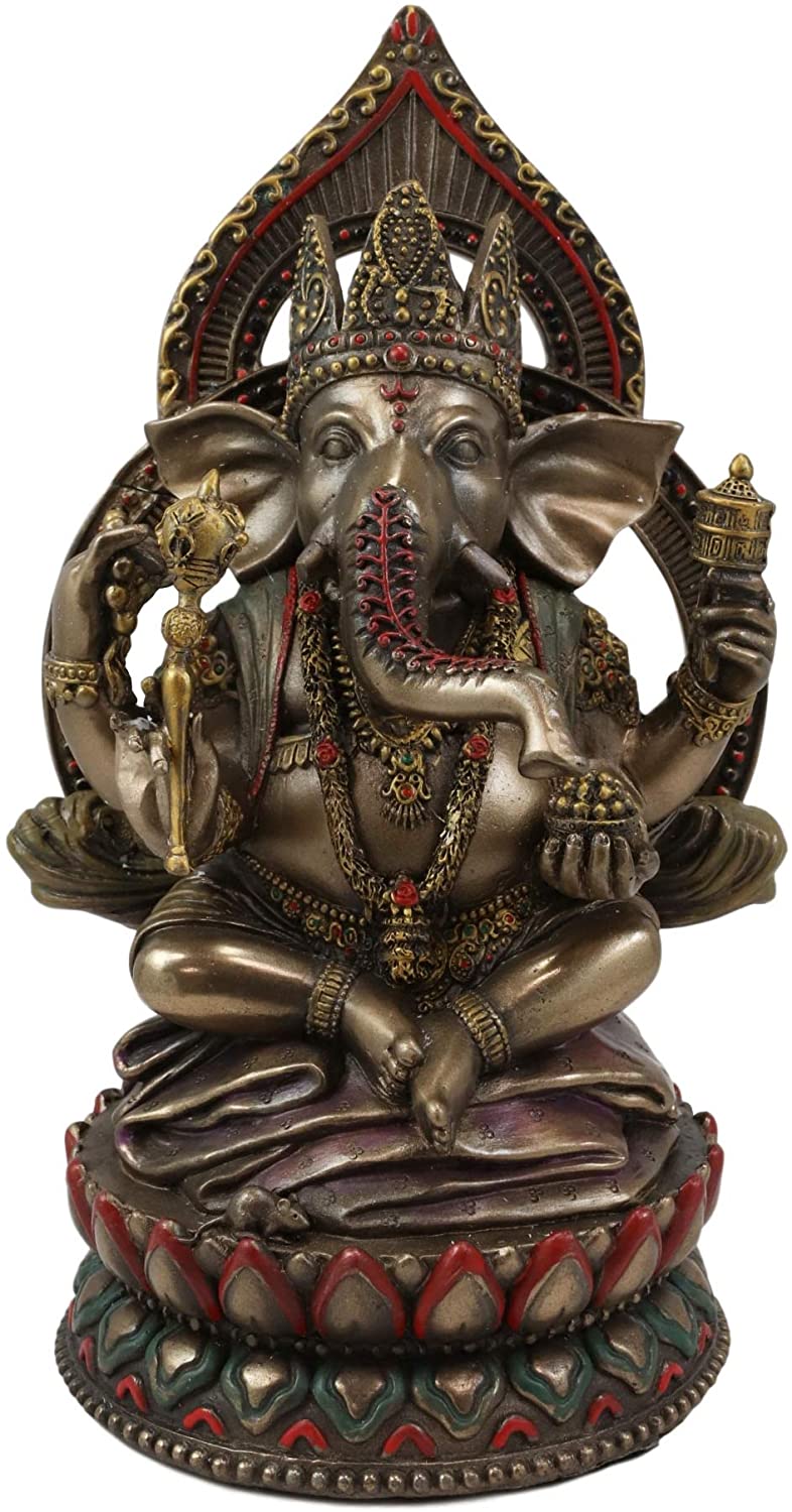 Ebros 8" Tall Hindu Elephant God Ganesha Sitting On Giant Lotus Throne Figurine