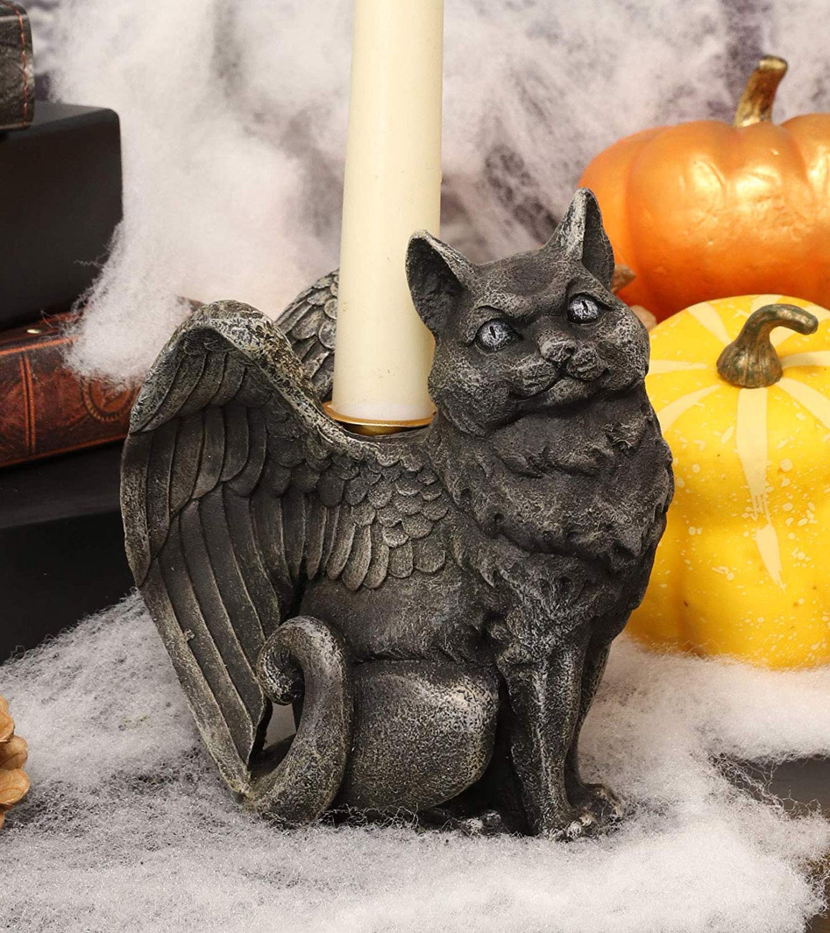 Gothic Notre Dame Angel Wings Cat Gargoyle Right Facing Candle Holder Statue 5"H - Ebros Gift