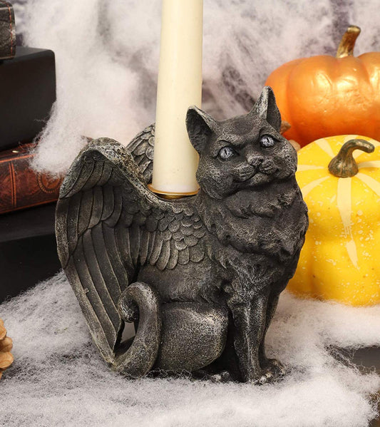 Gothic Notre Dame Angel Wings Cat Gargoyle Right Facing Candle Holder Statue 5"H - Ebros Gift