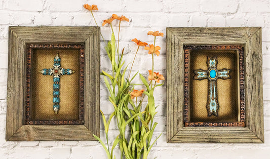 Pack of 2 Rustic Western Turquoise Gems Cross 3D Art Wood Framed Wall Decors