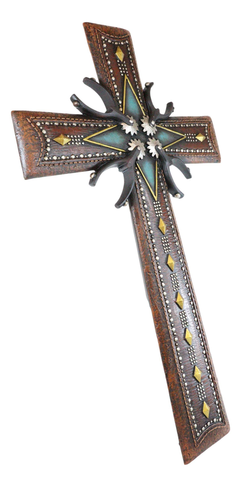 18"H Rustic Western Cowboy Tooled Leather Stars Diamonds Spurs Wall Cross Decor