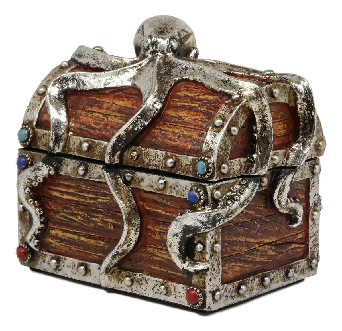 Ebros Gift Silver Shimmer Alien Octopus Guarding Pirate Treasure Chest Box Trinket Box Figurine Nautical Coastal Ocean Decorative Jewelry Storage Keepsake (4.75" Wide Small)