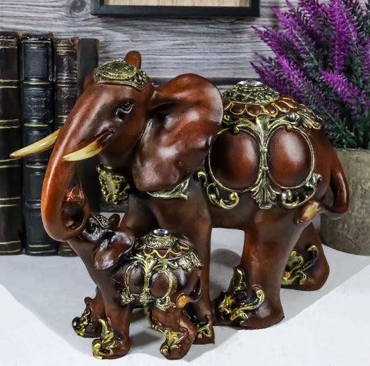 Thai Buddhism Noble Wood Finished Resin Mother Elephant With Calf Figurine Decor - Ebros Gift