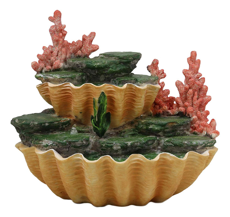 Ebros 10" Wide Colorful Nautical Ocean 2 Tier Golden Giant Clam Shell with Coral Reefs Miniature Mermaids Display Stand Statue with LED Glow Lights Fantasy Mermaid Mergirls Sirens of The Seas - Ebros Gift