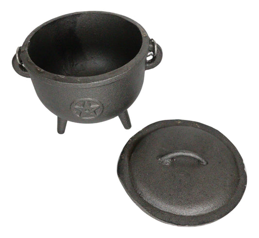 Cast Iron Occult Wicca Pentagram Star In Circle Cauldron With Handle and Lid