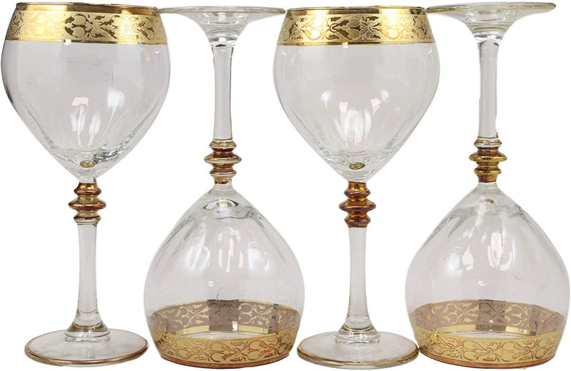 Ebros 16K Gold Accented Rim Floral Lace Vines Crystal Wine Glass Goblet Set of 4 - Ebros Gift