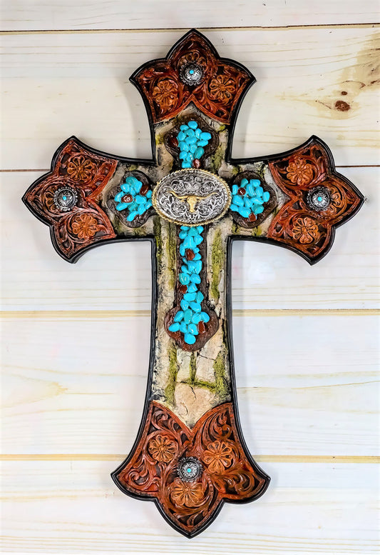 Ebros Western Turquoise Rocks Longhorn Concho Tooled Leather Finish Wall Cross