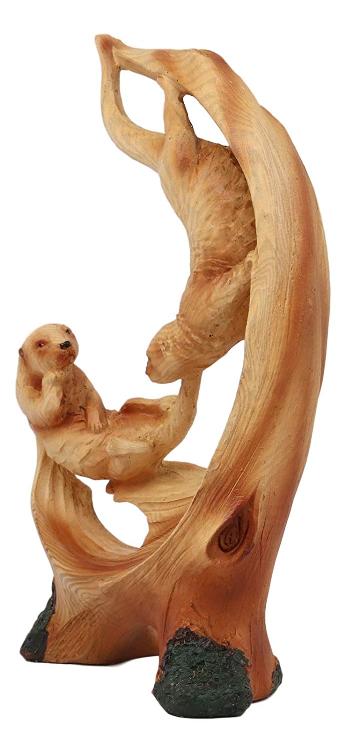 Ebros Pacific Ocean Playful Sea Otters Statue 9" Tall Faux Wood Resin Marine Weasel Sea Otter Family Scene Figurine Coastal Decorative Gifts