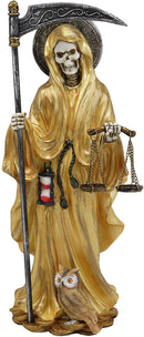 Standing Santa Muerte Holding Scythe and Scales of Justice in Gold Robe Statue