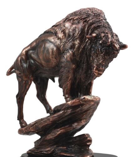 Large North American Bison On Steep Rock Statue 11"H Electroplated Bronze Resin