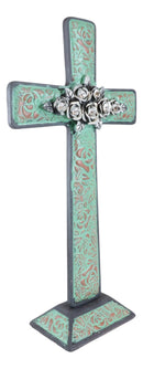 Rustic Western Turquoise Floral Scroll With Silver Roses Standing Cross Statue