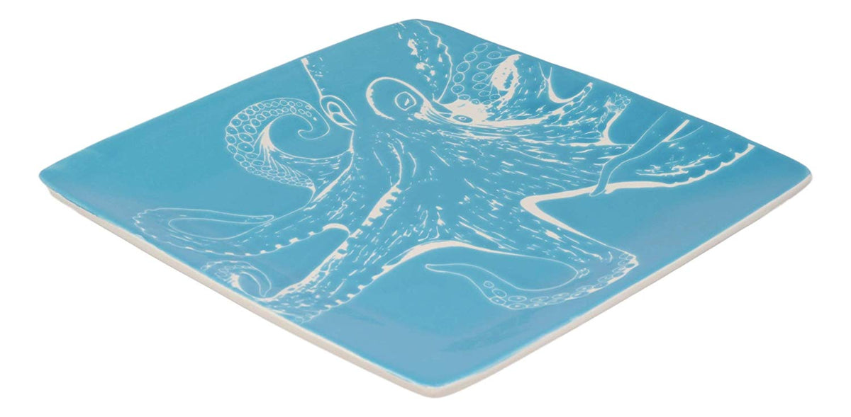 Ebros Nautical Sea Giant Octopus Blue Salad Dessert Plate Set of 2 Square 8.5"