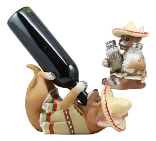 Mexican Poncho Sombrero Chihuahua Dog Wine And Salt Pepper Shaker Holder Statues