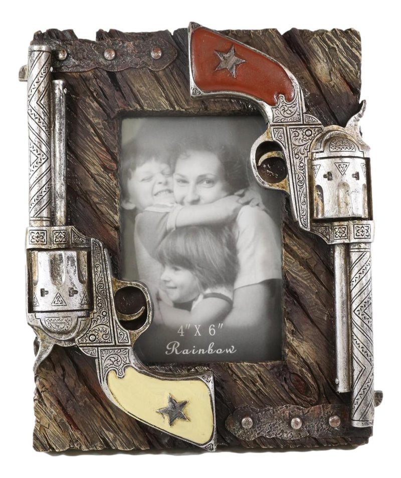 Western Outlaw Dual Pistol Revolvers Faux Barnwood Photo Picture Frame Decor 4X6