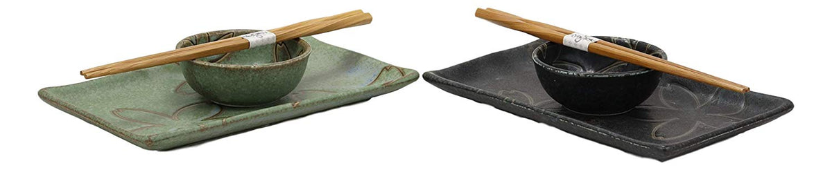 Ebros Gift Japanese Sakura Cherry Blossom Porcelain Sushi Dinnerware 6 Piece Set 2 Each Of Dinner Plates Dipping Soy Sauce Bowls And Bamboo Chopsticks Pair Gift Ideas (Matcha Green And Black Pair)