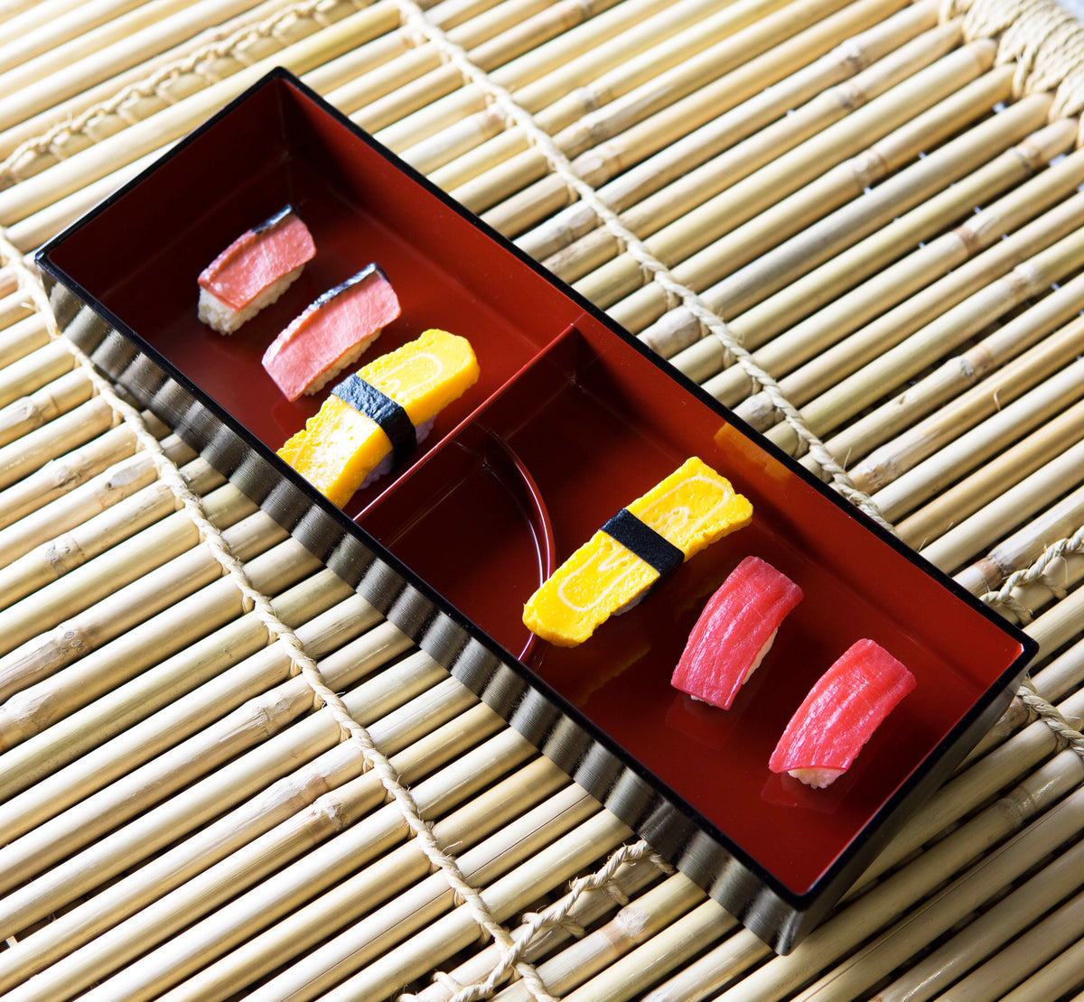 Red Black Japanese Long Bento Box With Dividers 3 Compartments Platter Plate - Ebros Gift