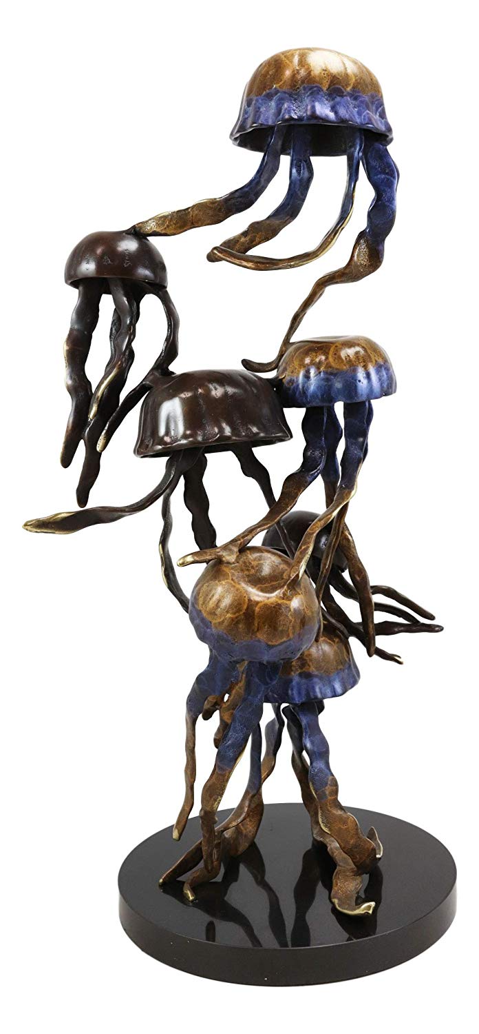 Ebros Solid Brass Large Colorful Nautical Pacific Ocean Jellyfish Sextet Swarm Floating in The Sea Statue with Marble Base 17.75" Tall Museum Gallery Quality Marine Accent Coastal Decorative Figurine