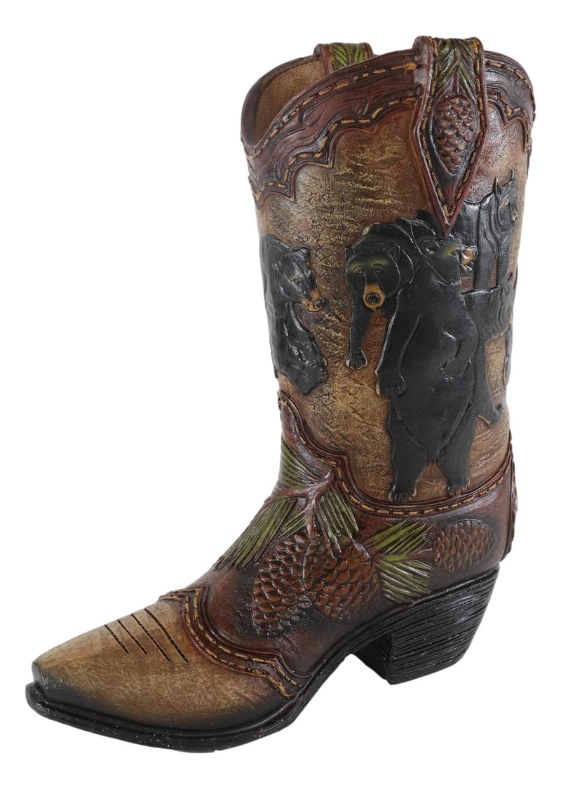 Western Black Bear Family With Pine Cones Cowboy Cowgirl Boot Vase Figurine