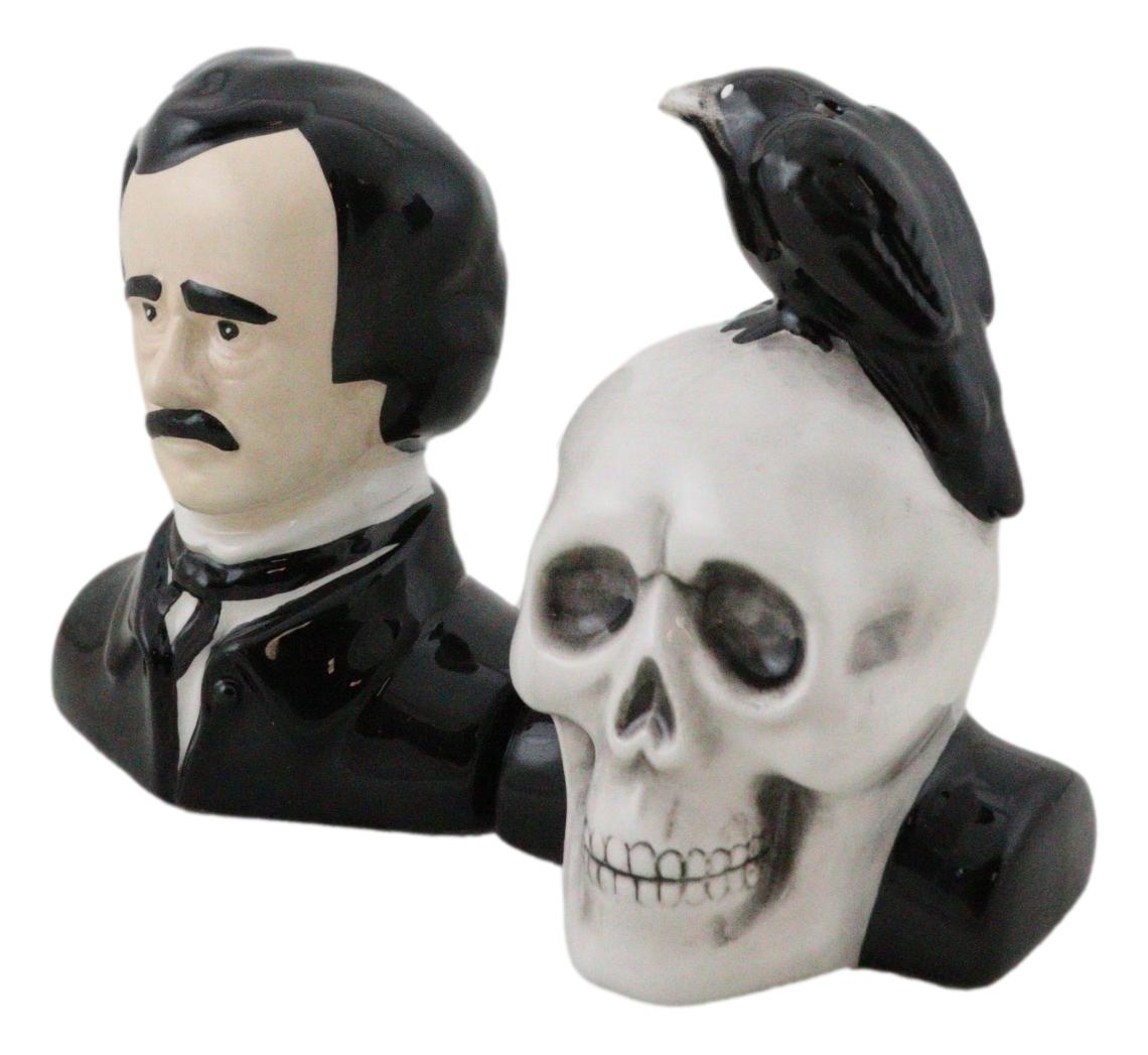 Ceramic Edgar Allen Poe And Nevermore Raven On Skull Salt And Pepper Shakers Set - Ebros Gift