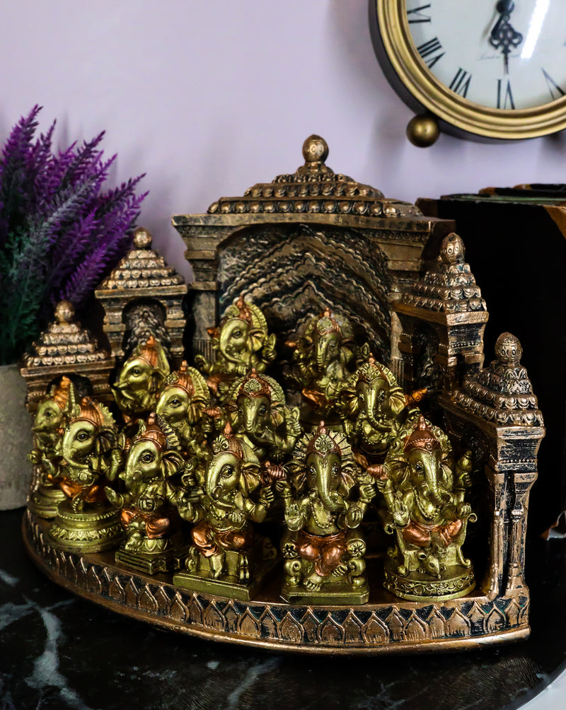 Set Of 12 Hindu God Ganesha Mini Figurines With Temple Shrine LED Display Stand