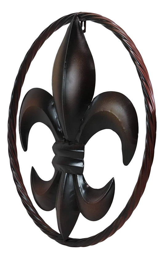 Ebros Gift Large 18" Wide Vintage Rustic Fleur De Lis Medallion with Braided Rope Border Design Metal Circle Wall Hanging Decor 3D Art Greeting Plaque Southern Western Country Decorative Accent