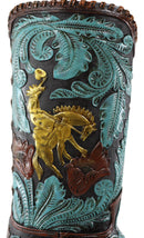 Turquoise Floral Scroll Lace W/ Rearing Horse Cowboy Boot Vase Planter Figurine