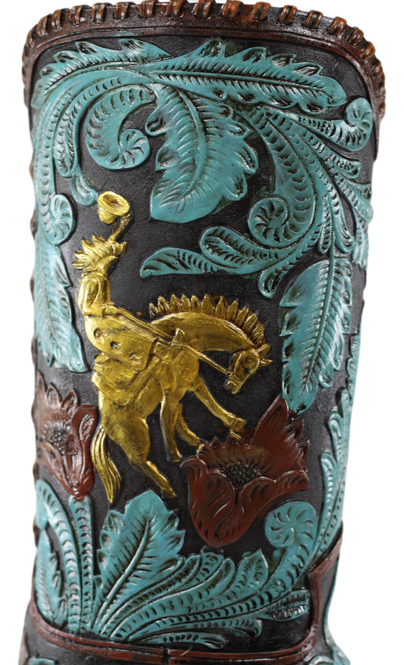 Turquoise Floral Scroll Lace W/ Rearing Horse Cowboy Boot Vase Planter Figurine