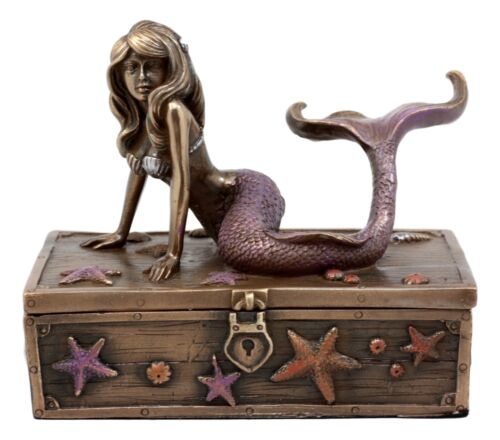 Ebros Bronzed Resin Mermaid Ariel Resting Jewelry Trinket Decorative Box 5" L - Ebros Gift