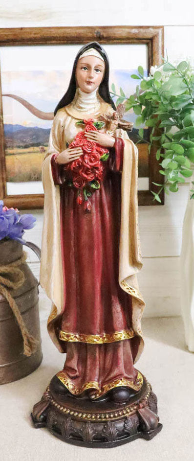 Catholic Saint Therese of Lisieux W/ Cross And Red Roses Little Flower Figurine