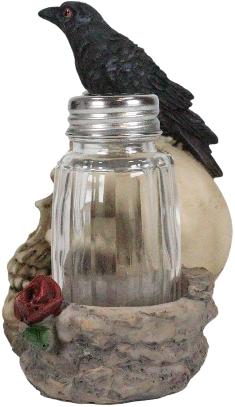 Ebros Day Of The Dead Raven Crow W/ Rose Skull Salt & Pepper Shakers Holder Set