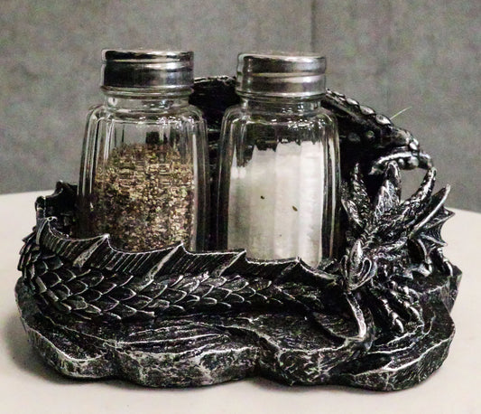 Sleeping Dragon Glass Salt and Pepper Shaker Set with Decorative Holder Display - Ebros Gift