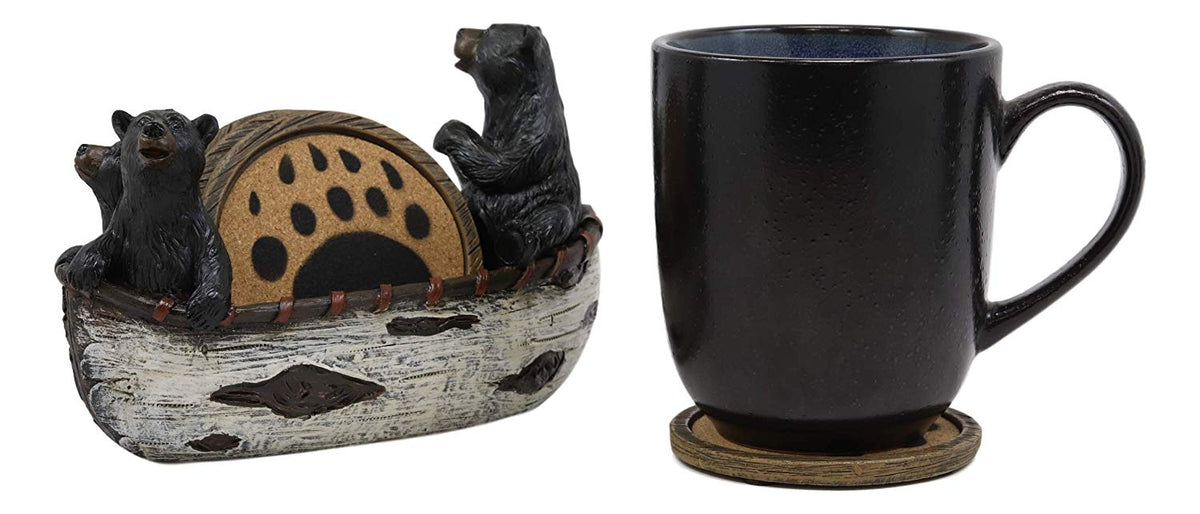 Ebros Gift Rustic Woodlands 3 Black Bears Family On Paddle Canoe Boat Bear Paw Coaster Set 4 Round Coasters with Figurine Holder 7" Long Cabin Lodge Mountain Lake Side Home Decor Kitchen Accent