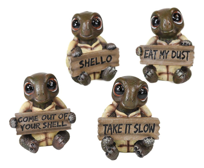 Whimsical Cute Sea Turtles Set of Four Figurine Holding Signs With Funny Sayings